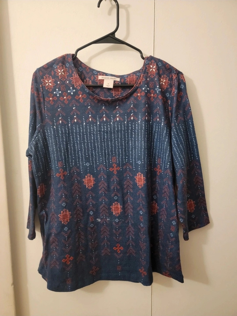 Allison Daley Navy Blue Long Sleeve Printed Top with Rust Accents